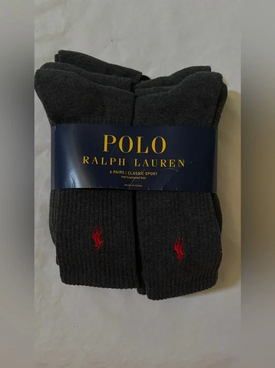 Polo Ralph Lauren Men’s 6-Pair Classic Sport Crew Socks Charcoal Red Logo 10-13