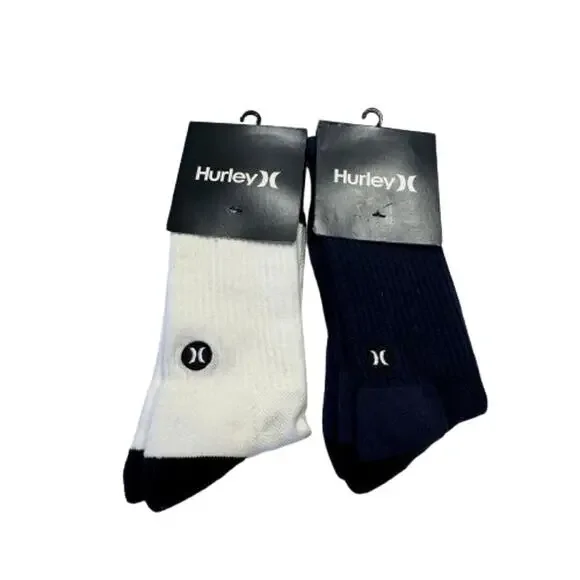 Hurley Block Party Crew Socks‎ 2 Pair Bundle White Obsidian Navy Mens Large 8-12