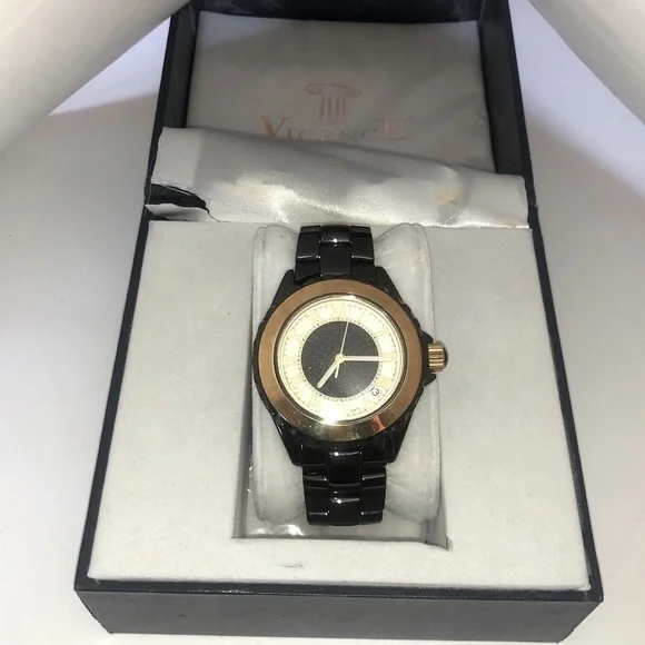 Solid Real 14K Gold Bezel 1.00CT Black Spinel Vicence Milor Italy Ceramic Watch