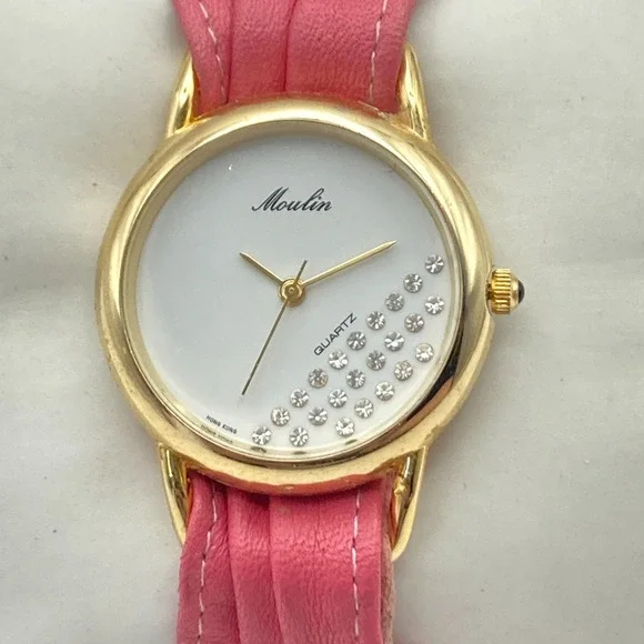 Vintage Moulin Women's Watch Gold Tone 30mm Crystals MOP Dial New Battery 6.25
