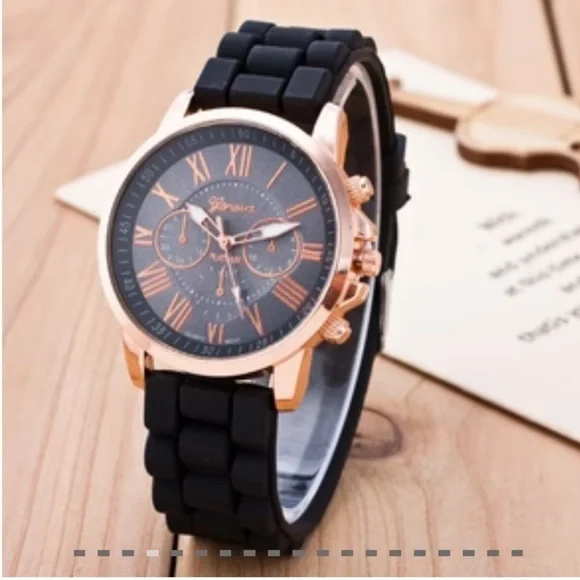 Women’s Wrist Watch Black Band Silver Clasp and Rosy Gold Tone Around Face