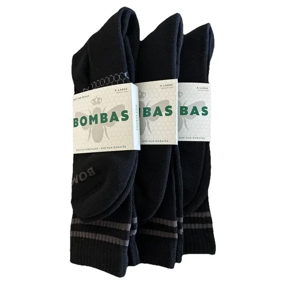 BOMBAS Socks Men's XL Black Gray Stripe Calf Logo‎ (US 13.5-16) NEW Lot Of 3