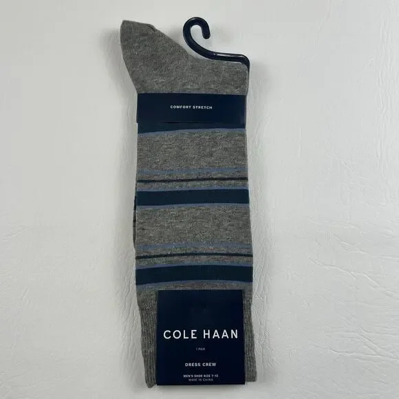 Cole Haan Men’s Gray Blue Stripe Dress Crew Socks Comfort Stretch Size 7-12 NWT