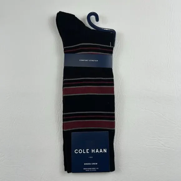 Cole Haan Men’s Black Burgundy Striped Dress Crew Socks Comfort Stretch 7-12 NWT