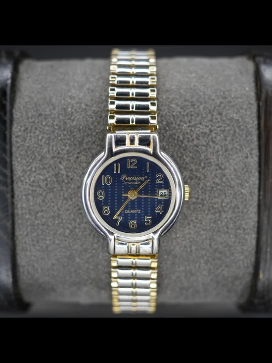 Rare Precision by Gruen Women's Quartz Two Tone Stretch Bracelet Watch Blue Date