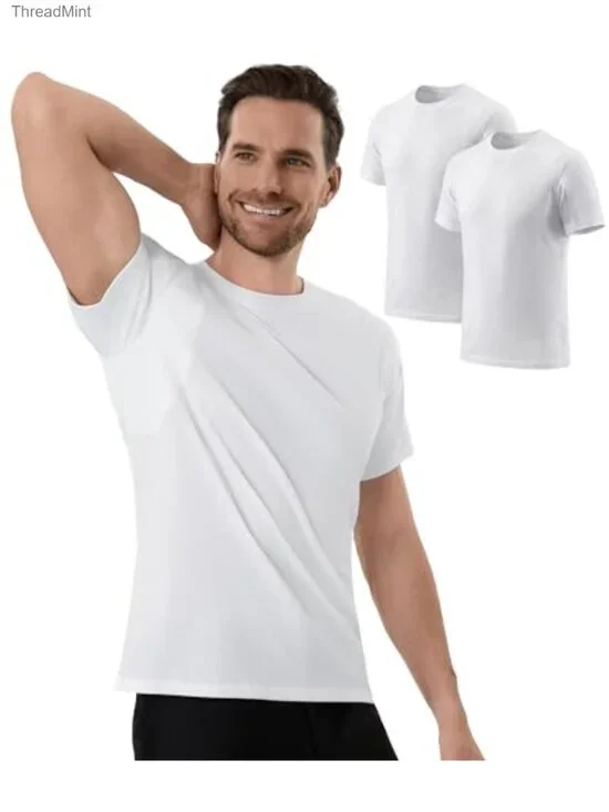 2 Pack Mens Sweatproof Undershirts Cotton Crew Neck Regular Fit Sweat Blocking