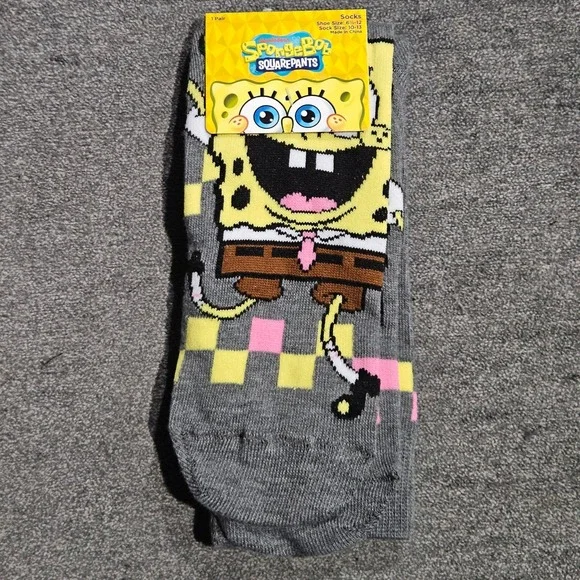 Nickelodeon SpongeBob SquarePants Gray Checkered Crew Socks Unisex Size 6.5-12