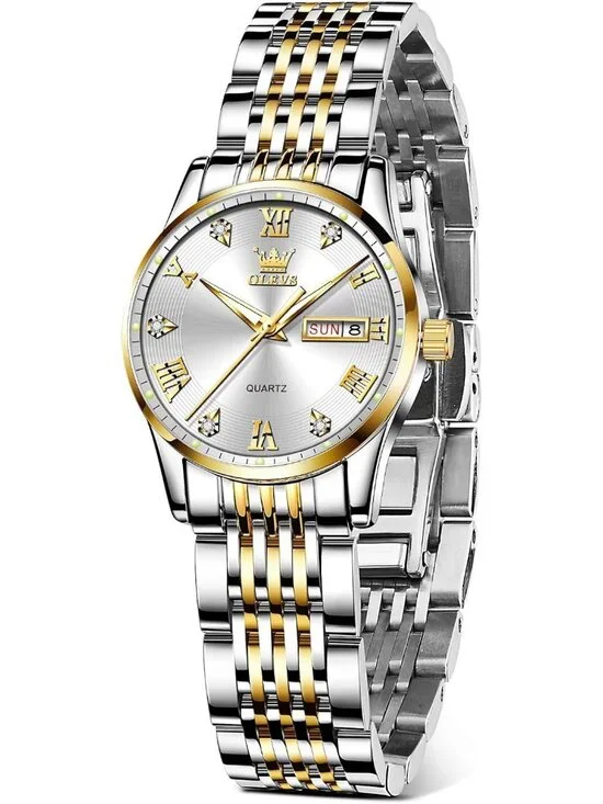 Women's Gold and Silver Analog Quartz Waterproof Stainless Steel Band Watch