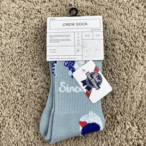Pabst Blue Ribbon Crew Socks Blue Ribbed Graphic Unisex (10-13) Cheers Can NWT‎