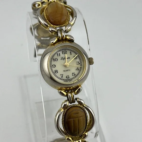 Vtg Lafayette Scarab Watch Women 21mm Gold Tone MOP Dial 7