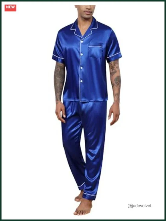 Mens Silk Satin Pajama Set Short Sleeve Button Down Pjs Loungewear 2 Piece
