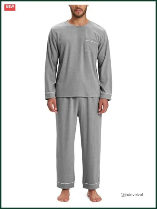 Men's Long Sleeve Crewneck Pajama Set with Pockets Rayon Loungewear