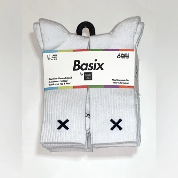 BASIX BY ODD SOX athletic Cushioned Crew Socks 6 Pairs tall white Black X logo
