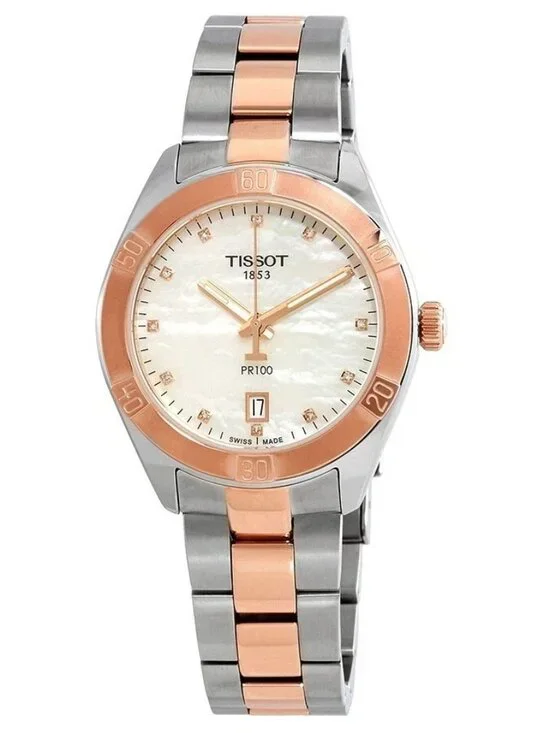 Tissot PR100 Diamond 36mm Two Tone MOP Dial Womens Watch Swiss Quartz