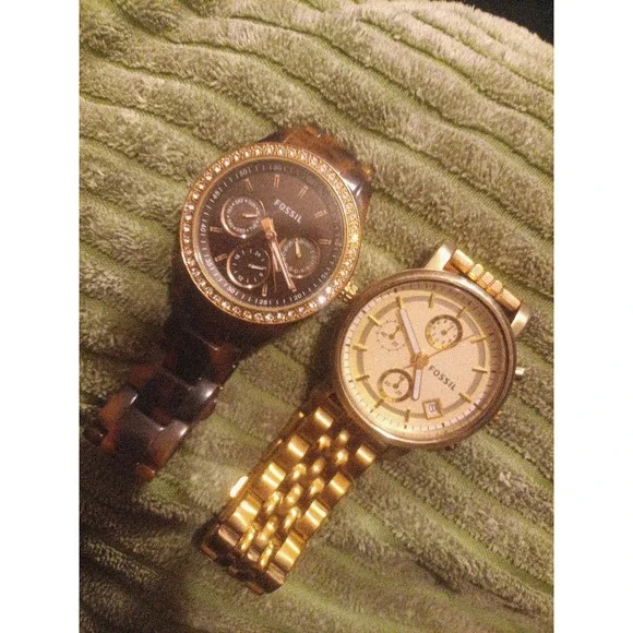 Lot of 2 Women's Fossil Watches Gold Chronograph ES2197 & Tortoise Shell ES2795