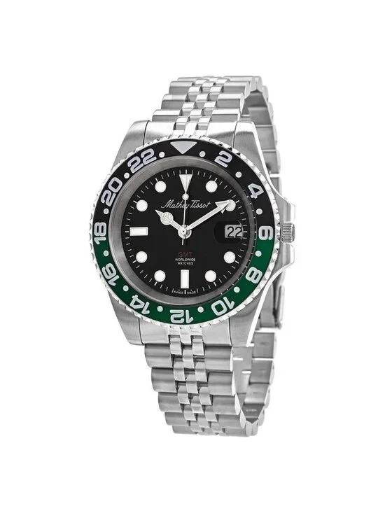 NWT Mathey-Tissot Mathy Vintage GMT Quartz Black Dial Sprite Bezel Men's Watch