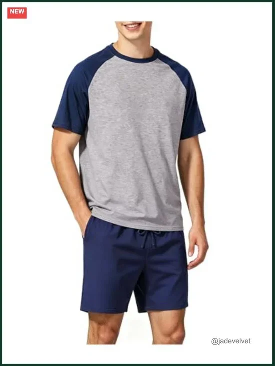 Men's Cotton Pajama Set Short Sleeve Top & Shorts Loungewear 2-Piece