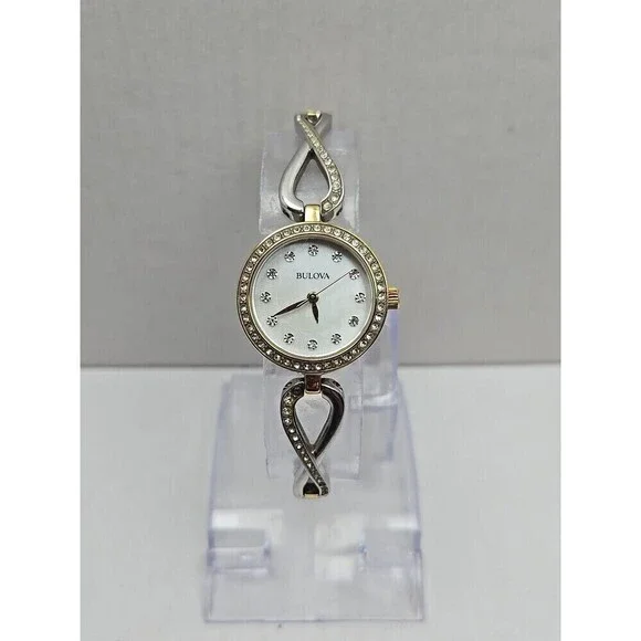 Bulova Womens Crystal Two Tone Bracelet Watch White MOP Dial New Battery Quartz