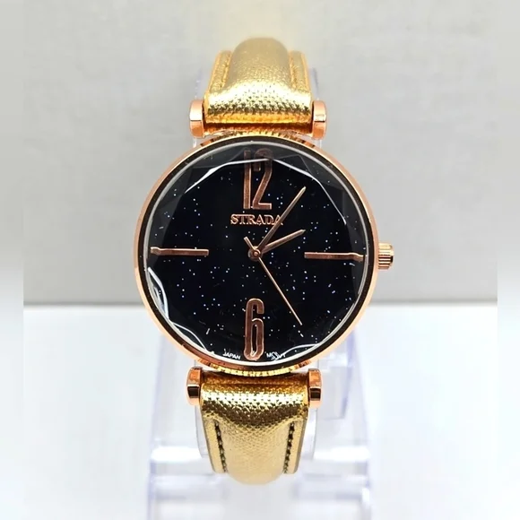 Womens Strada Rose Gold Tone Diamond Cut Bezel Watch Leather Sparkle New Battery