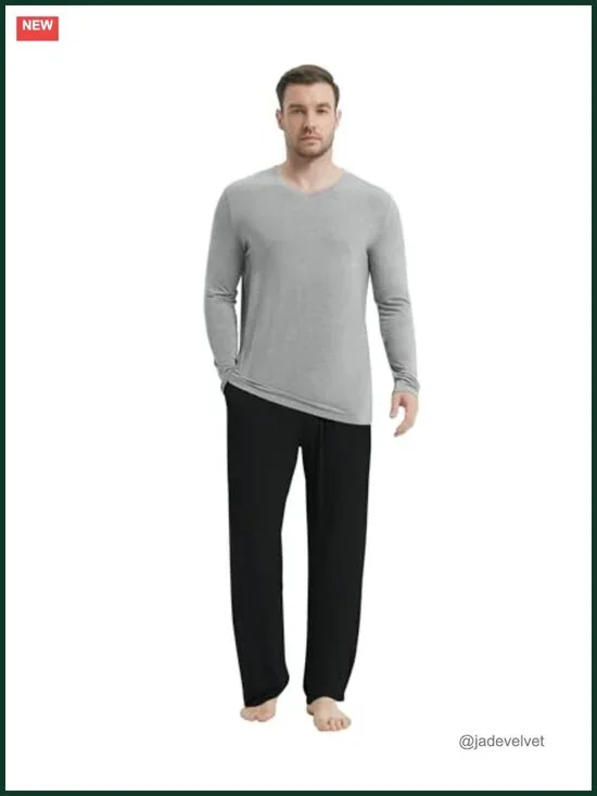 Men's Pajama Set - Viscose from Bamboo Long Sleeve V-Neck with Pants