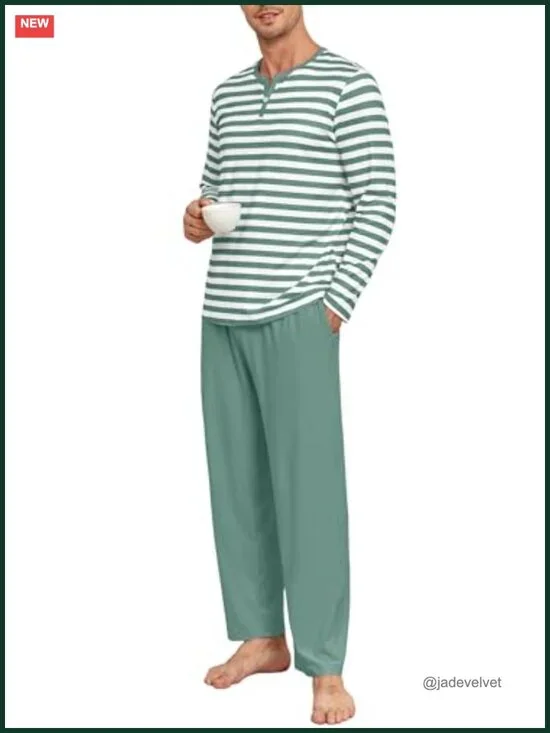 Men's Long Sleeve Pajama Set 2 Piece Henley Sleepwear with Pockets