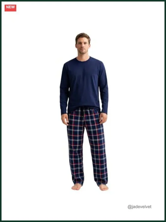 Long Sleeve Cotton Knit Tee & Plaid Pajama Pants Set with Drawstring Waist