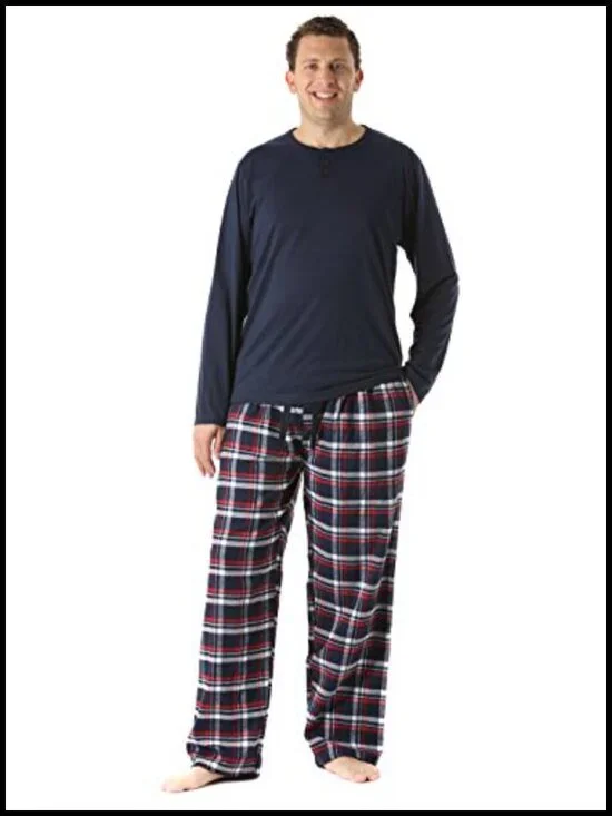 2-Piece Flannel Men's Pajama Set - Cotton Sleepwear 3-Button Henley Top & Pants