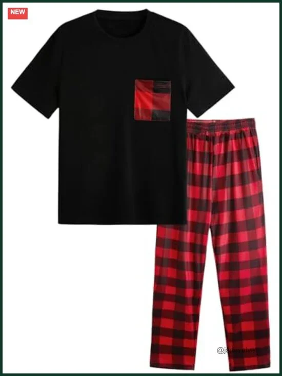 Men's 2 Piece Loungewear Pajama Set Plaid Print Short Sleeve Tee and Pants
