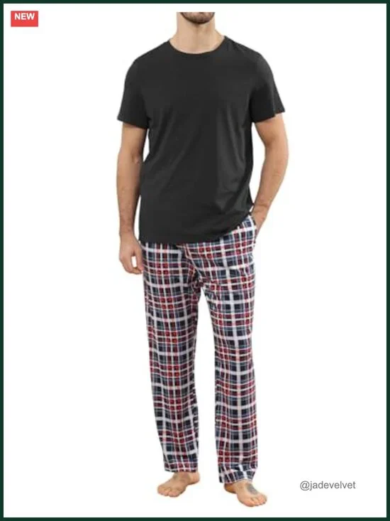 Cotton and Polyester Men's Pajama Set Short Sleeve Plaid Long Pants Sleepwear
