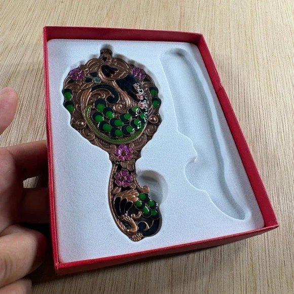 Vintage Style Peacock Enamel Hand Mirror Bronze Tone Ornate Floral Vanity Decor