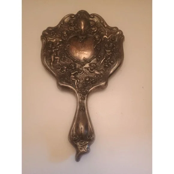 Antique 1900s Silver Plated Hand Mirror W Cherub and Floral Motif Heavy