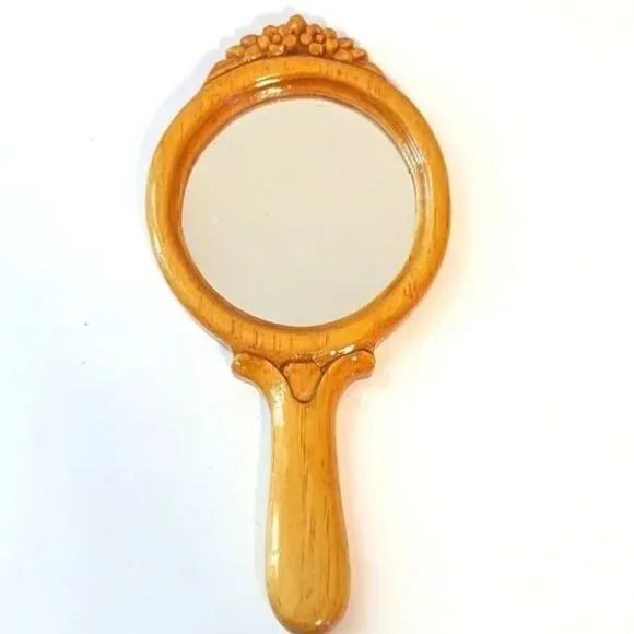 Vintage Handheld Mirror Vanity Balsa Wood Carved‎ Floral Lacquered