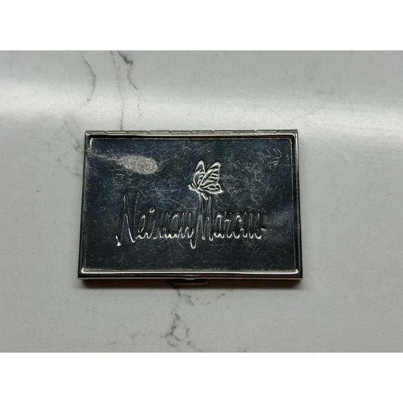 Neiman Marcus Vintage Silver Tone Butterfly‎ Logo  Double Compact Mirror