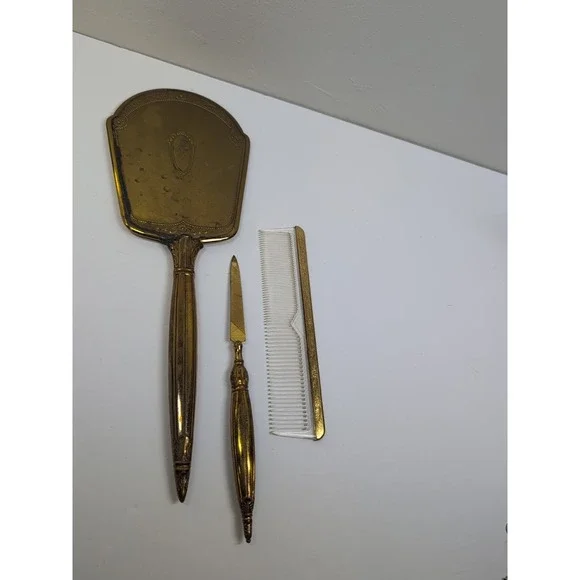 VINTAGE Ornate HANDHELD 3 PC VANITY SET MIRROR FILE COMB‎ GOLD TONE