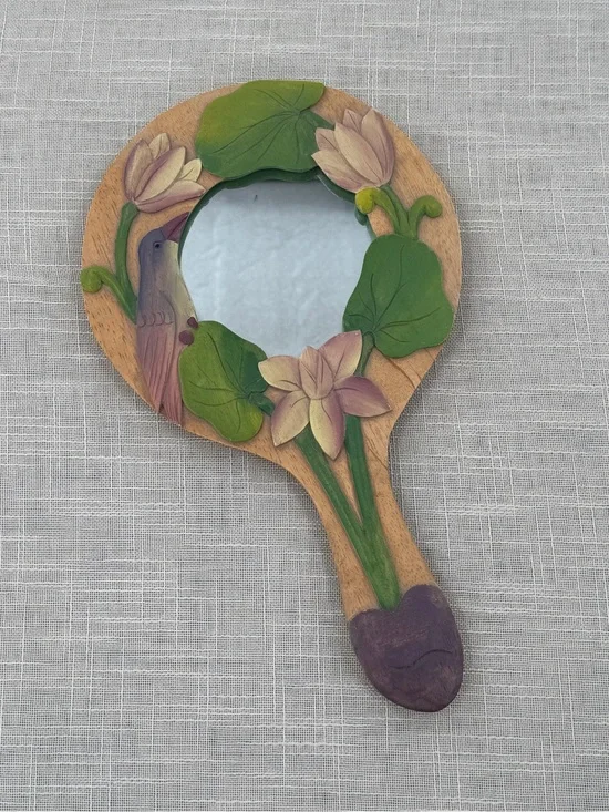 Vintage Hand Painted Carved Wood Hummingbird Lotus Hand Mirror Floral Vanity