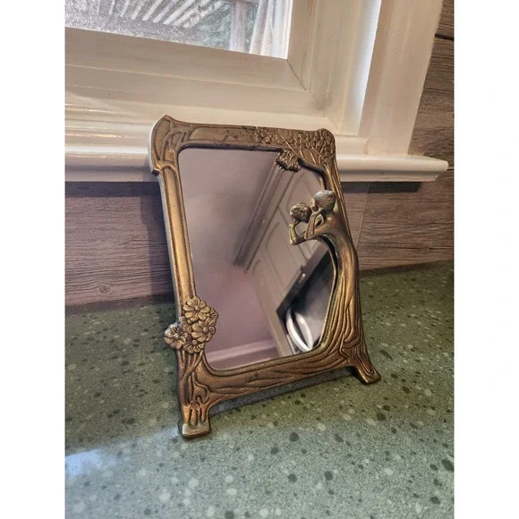VTG Lady of the Lake Solid Brass Vanity Mirror Whimsigoth Art Nouveau Decor