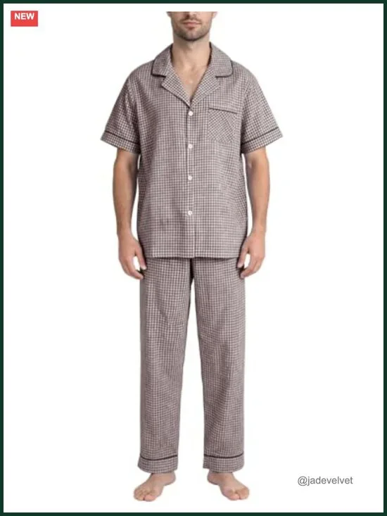 Cotton Plaid Short Sleeve Button Down Pajama Set 2 Piece Loungewear with Pockets