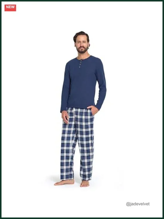 Men's Long Sleeve Henley & Plaid Pajama Set, Cotton Blend Lounge Sleepwear