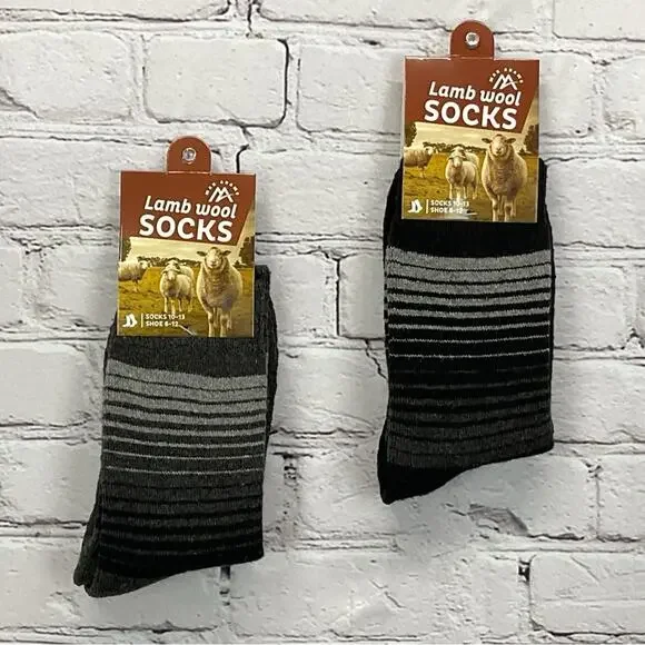 Max Adams Lamb Wool Socks Men's Size 10-13 Black/Gray Stripe Ombre 2 Pair Casual