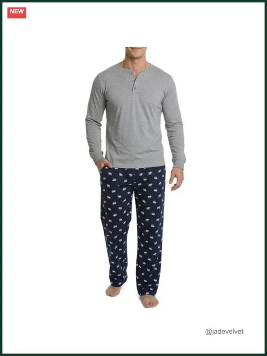 Men's Long Sleeve Pajama Set with Two Pockets and Drawstring Waist - Cotton
