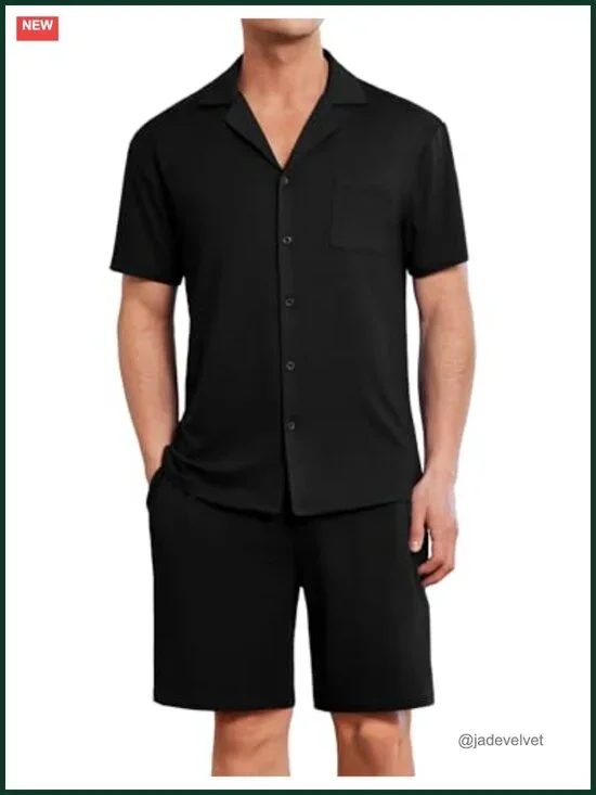 Men's Pajama Set Short Sleeve Button Down Sleepwear Lounge 2 Piece with Pockets