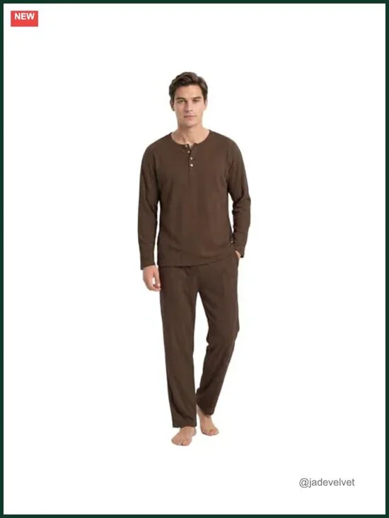 Men's Knit Jacquard Pajama Set with Pockets Long Sleeve Loungewear