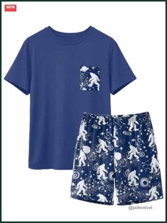Men's Pajama Set Sleepwear Short Sleeve Comfy Soft Sleep Set with Pockets