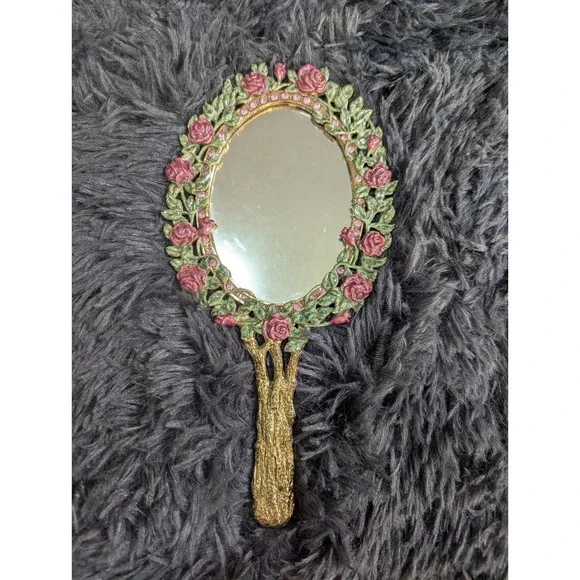 Vintage Ornate Rose Hand Mirror Gold Tone Pink Rhinestone Floral Vanity‎