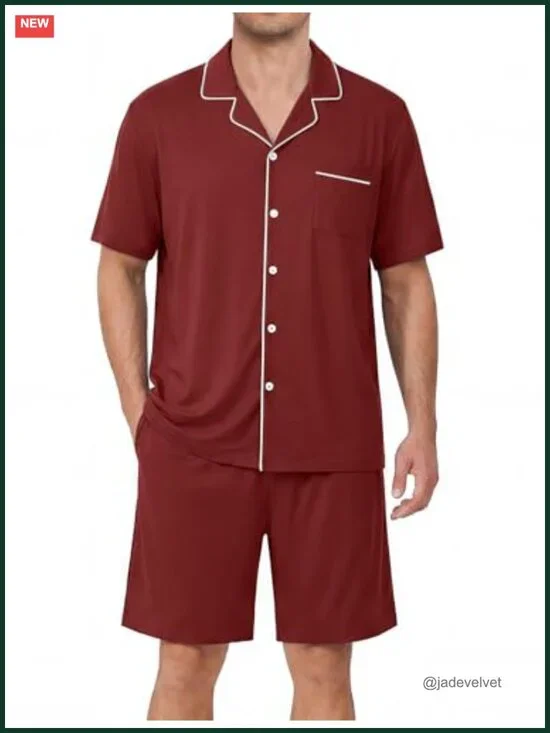 Men's Short Sleeve Button Up Pajama Set with Pockets 2 Piece Sleepwear
