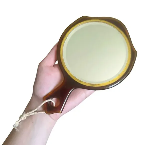 VTG Faux Tortoiseshell Art Deco Celluloid Hand Mirror Vanity Purse Mirror MCM