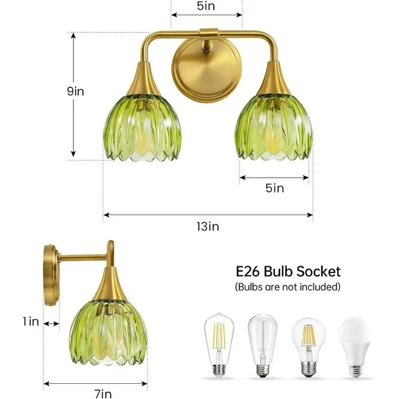 New 2-Light Vintage Vanity Fixture Brushed Gold Green Tulip Glass Bathroom
