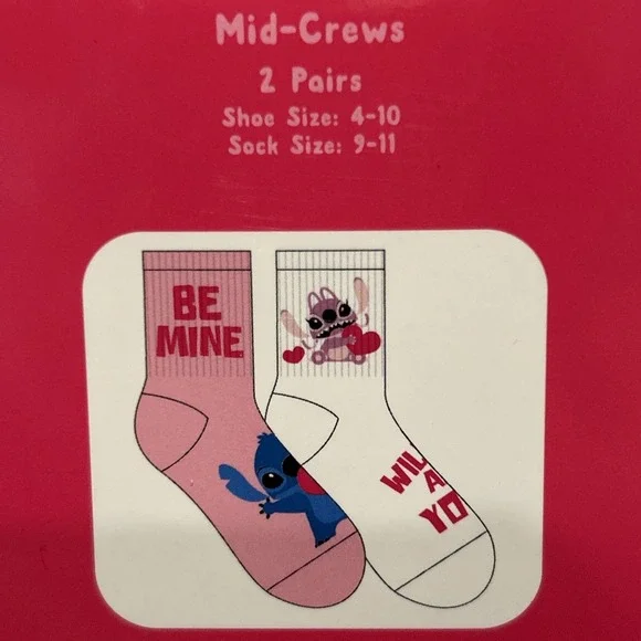 Disney Stitch & Angel Valentine's Day Crew Socks Pink & White‎ Women's 2 Pairs