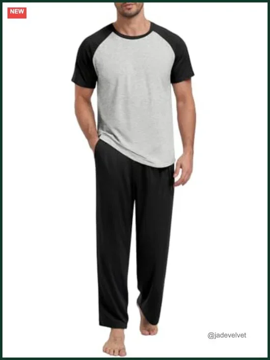Mens Pajamas Set Short Sleeve Top and Pants Lightweight Loungewear Sleepwear