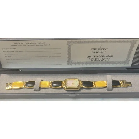 Vintage 80s Retro ORYX Black/Mustard Gold Tone Women’s Watch New Battery NIB